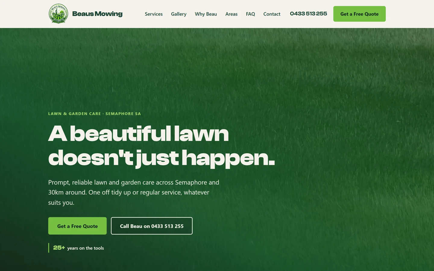 Beau's Mowing website, desktop view
