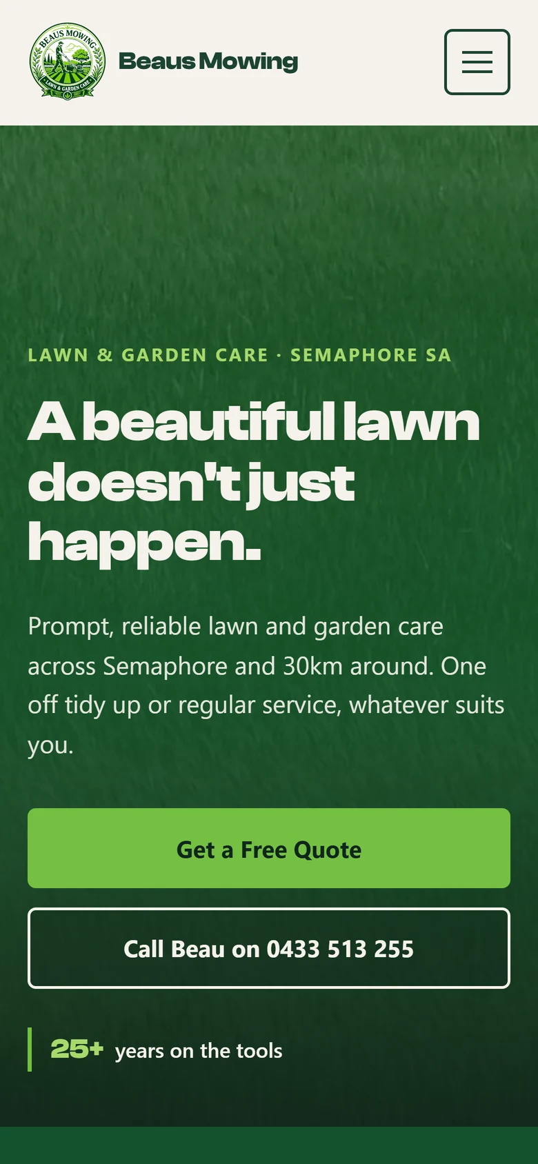 Beau's Mowing website on a phone