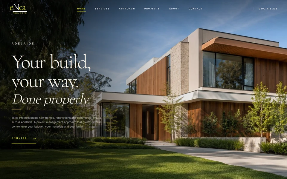 eNca Projects website, desktop view