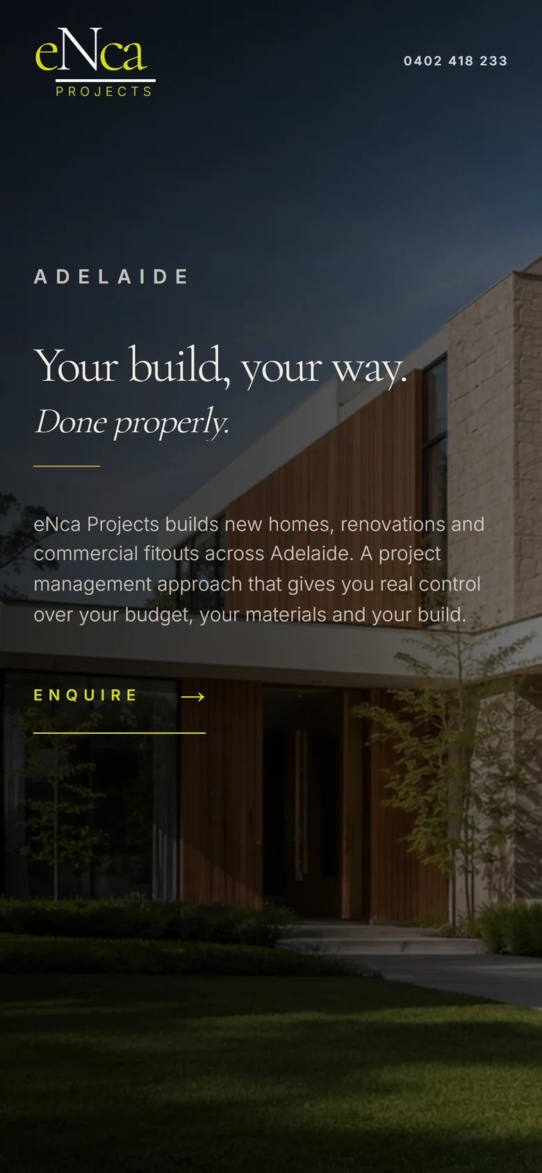 eNca Projects website on a phone